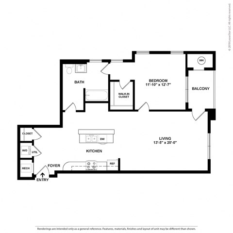 Floor plan for 1 bed, 1 bath, 993 sqft
